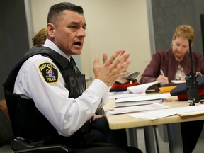 Emily Mountney-Lessard/The Intelligencer
Belleville Police Service deputy chief Ron Gignac presents the 2016-2018 Community Safety Plan to the Belleville police services board during the meeting held at the Quinte Sports and Wellness Centre, on Thursday in Belleville.