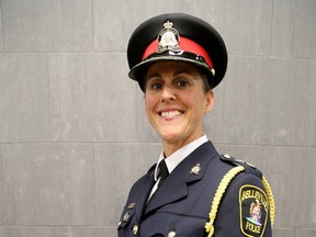 Emily Mountney-Lessard/The Intelligencer
Sheri Meeks of the Belleville Police Service has been promoted from executive officer to inspector. She is shown here just after the announcement at the Belleville police services board meeting on Thursday in Belleville.