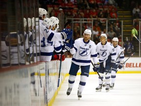 Steven Stamkos of the Tampa Bay Lightning celebrates a first-period goal with teammates while playing the Detroit Red Wings at Joe Louis Arena on Nov. 15, 2016 in Detroit. (Gregory Shamus/Getty Images)