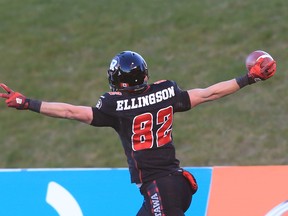 Redblacks' Greg Ellingson celebrates his winning touchdown against the Hamilton Tiger-Cats in the 2015 CFL East final. (Jean Levac, Postmedia Network)