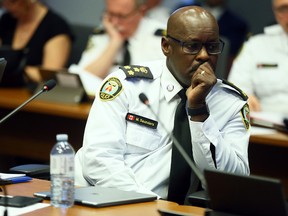 Chief Mark Saunders listens during the Toronto Police Services Board meeting at police headquarters on Thursday, November 17, 2016. (Dave Abel/Toronto Sun)