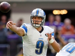 Lions quarterback Matthew Stafford throws a pass against the Vikings during NFL action in Minneapolis on Nov. 6, 2016. (Jim Mone/AP Photo)