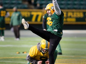 Sean Whyte practises his kicking at Commonwealth Stadium on Wednesday. (Shaughn Butts)