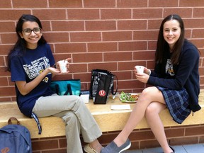 Nimrit Aulakh, left, and Abby Hildenbrand enjoy a cup of PositiviTEA and lunch during Inclusivity Week.