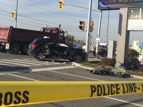 Scene of a fatal crash between a dump truck and van on Airport Rd. in Mississauga on Friday, Nov. 18, 2016. (Dave Abel/Toronto Sun)
