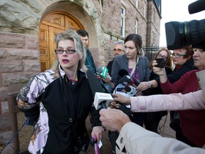 Susan Horvath, daughter of Arpad Horvath - one of the suspected victims of long-term care provider Elizabeth Wettlaufer - talks to the media following a video appearance by the accused in Woodstock, Ont. on Friday November 18, 2016. Wettlaufer has been charged with 8 counts of first degree murder in relation to nursing home deaths spanning from 2007 to 2014. (Craig Glover/The London Free Press)