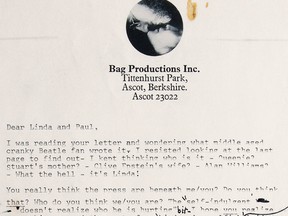 This image provided by RR Auction, of Boston, shows the top of the first page of a two-page typed draft with handwritten annotations from John Lennon to Paul and Linda McCartney, written shortly after the Beatles' breakup.  (RR Auction via AP)