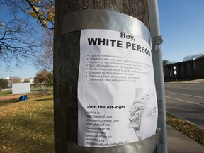A poster on a hydro pole at Stan Wadlow Park in the Coburn Avenue and Woodbine area of Toronto urging white people to join the alt-right is seen Monday, November 14, 2016. (Stan Behal/Toronto Sun)