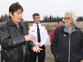 Renowned environmentalist David Suzuki, at right, was in Gogama on Friday to tour the CN Rail derailment site and meet with members of the local community. Mattagami First Nation Chief Walter Naveau, left, and Gogama Fire Chief Mike Benson were among those who met with Suzuki that day and were responsible for enticing him to visit the village.