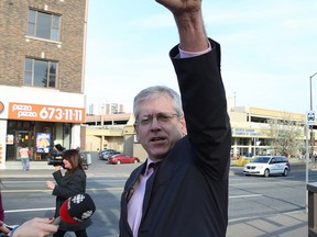 Timmins-James Bay NDP MP Charlie Angus acknowledges a supporter while holding a press conference in downtown Sudbury on Friday. John Lappa/Sudbury Star