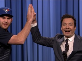 Blue Jays reliever Joe Biagini and Tonight Show host Jimmy Fallon share a high-five on the Nov. 18, 2016 show. (YouTube/The Tonight Show Starring Jimmy Fallon)