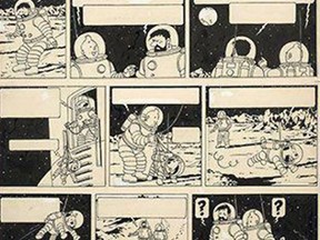 This photo provided on Saturday, Nov. 19, 2016, by French auction house, Artcurial, shows a drawing from one of Tintin's most famous cartoon books, "Explorers on the Moon" by Belgian cartoonist Herge. (Herge-Moulinsart2016/Artcurial via AP)
