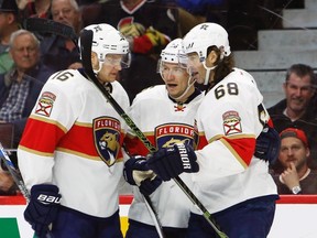 Florida Panthers’ Jussi Jokinen (centre) celebrates his goal against with Aleksander Barkov (16) and Jaromir Jagr last night against the Senators. (THE CANADIAN PRESS)