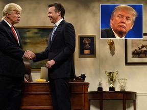 U.S. President-elect Donald Trump (inset) calls "Saturday Night Live"  "biased, one-sided" after its latest parody of him in office. Alec Baldwin (L) is seen here as Trump shaking hands with Jason Sudeikis as Mitt Romney. (NBC/Supplied/Justin Sullivan/Getty Images)