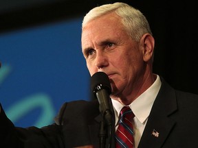 Mike Pence speaks during a campaign stop at the Edgewater Beach and Golf Resort in Panama City Beach, Fla., Sunday, Nov. 6, 2016. (Heather Howard/News Herald via AP)