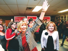 Nathalie Des Rosiers (L) celebrates her Vanier by-election with Madeleine Meilleur (R) and Kathleen Wynne, November 17, 2016. (Photo by Jean Levac)