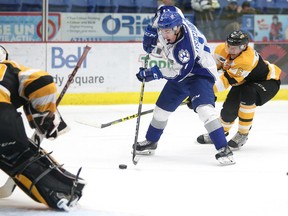Sudbury Wolves Alan Lyszczarczyk tries to get a shot on Kingston Frontenacs goalie Jeremy Helvig with Frontenacs defencemen Jacob Paquette in pursuit during OHL action at the Sudbury Community Arena on Sunday. (Gino Donato/Postmedia Network)