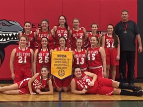 The Champlain Requins senior girls basketball team pose with their Division B NOSSA banner on Saturday. Special to The Star
