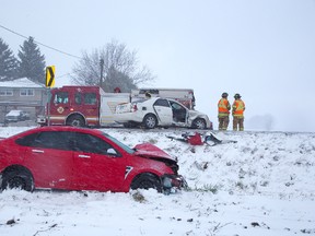 Two people were taken to hospital following a two-car collision Sunday on Wellington Road at the Glanworth curve in London. OPP warned drivers to stay home and not risk venturing out on roads. (DEREK RUTTAN, The London Free Press)