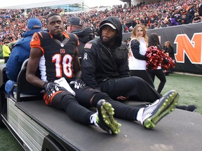 A.J. Green of the Cincinnati Bengals gets carted off of the field after being injured during the first quarter of the game against the Buffalo Bills at Paul Brown Stadium on Nov. 20, 2016 in Cincinnati, Ohio. (John Grieshop/Getty Images)