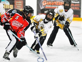 Khalee Eisler (24) of the Mitchell U12 ringette team forces this Chatham opponent away from the net during Western Regional Ringette League (WRRL) action in Monkton Saturday, Nov. 19. ANDY BADER MITCHELL ADVOCATE