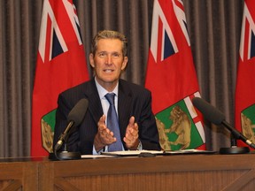 Premier Brian Pallister speaks to reporters about his throne speech on Monday. (JOYANNE PURSAGA/WINNIPEG SUN)