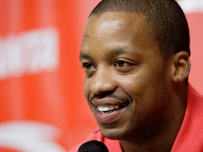 In this 2007, file photo, Houston Rockets' Steve Francis smiles during a news conference announcing an endorsement deal with ANTA Sports Products Limited, a company based in China, in Houston. (AP Photo/David J. Phillip, File)