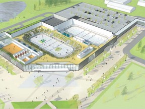 An illustration of the proposed twin arena and high performance sports centre on the University of Alberta’s south campus. The new plan and Edmonton’s $20-million contribution were debated at community services committee Monday, Nov. 21, 2016.
