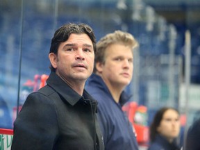 Head coach Dave Matsos and associate coach Drake Berehowsky  keep and eye on the action from the bench during Wolves training camp in Sudbury, Ont. on Thursday September 1, 2016. Matsos won't be behind the Wolves bench for a bit as he is slated for spinal surgery Tuesday. Gino Donato/Sudbury Star/Postmedia Network