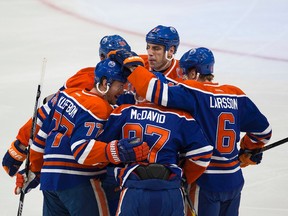 The Oilers celebrate Oscar Klefbom's first-period goal Monday at Rogers Place. (Greg Southam)