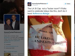 Sen. Karen Carter Peterson flew into a rage after seeing a co-worker's bikini-themed birthday cake and threw it in the trash. (Twitter screengrab)