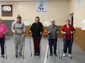 Community Kitchen Social participants had the opportunity to try out Nordic walking. Pierette Greenland, Danica Prevost, Martha Gelinas, Sharon Groulx and Getane Beaudoin all took a few laps around the Scout Hall.