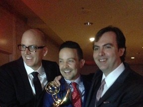 Charles Johnston, right, accepts Emmy for Outstanding Writing in May 2016. Timothy McKeon, left,  head writer. Mark De Angelis, story editor. | Contributed photo/Lois Johnston