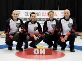 Team Ontario at the Travelers Curling Club championship. L TO R: Wesley Forget, David Staples, Graham Rathwell, Sandy Staples. (Curling Canada photo)