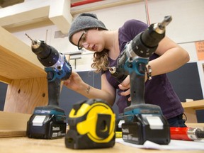 Tools sit on a workbench as first year construction carpentry student Emily Chartrand nears completion of a toolbox stool in an all-female carpentry class at Fanshawe College in London, Ont. (CRAIG GLOVER, The London Free Press)