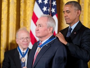 President Barack Obama presents the Presidential Medal of Freedom to Saturday Night Live producer and screenwriter Lorne Michaels during a ceremony in the East Room of the White House, Tuesday, Nov. 22, 2016, in Washington. Obama is recognizing 21 Americans with the nation's highest civilian award, including giants of the entertainment industry, sports legends, activists and innovators. (AP Photo/Andrew Harnik)