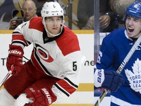 Carolina Hurricanes' Noah Hanifin and Toronto Maple Leafs' Mitch Marner. (AP Photo/Postmedia Network)