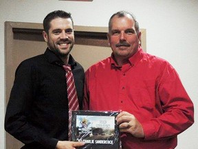 2016 Go Nuclear Late Models Series champ, Charlie Sandercock (left), receives his award from promoter Greg Belyea. (Submitted photo)