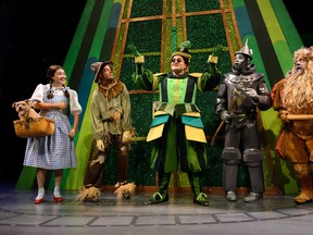 Michelle Bouey as Dorothy, London natives Kyle Blair,  who plays Scarecrow (far left) and Trevor Patt, as the Guard to the Emerald City (second from left), star in the Grand Theatre production of The Wizard of Oz. Marcus Nance is Tinman and Bruce Dow the Cowardly Lion in the show that continues until Dec. 31. (MORRIS LAMONT, The London Free Press)
