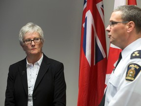 London police board chair Jeannette Eberhard and Chief John Pare address the carding controversy at a police headquarters news conference Tuesday. (CRAIG GLOVER, The London Free Press)