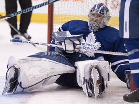 Toonto Maple Leafs goalie Frederik Andersen looks up after getting driven into the goal during third period NHL hockey action against the Carolina Hurricanes in Toronto on Tuesday, November 22, 2016. (THE CANADIAN PRESS/Frank Gunn)