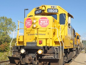 The last Northlander train left The Station in North Bay Sept. 28, 2012. As Ontario Northland Transportation Commission workers, union representatives, elected officials and residents gathered in protest, the train departed for the last time on its way to Cochrane. 
Nugget file photo