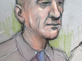 This Oct. 4, 2016 court sketch by court artist Elizabeth Cook shows Stephen Port appearing at The Old Bailey in London. Port was convicted Wednesday, Nov. 23, 2016, of murdering three men he met on gay dating websites. (Elizabeth Cook/PA via AP, File)