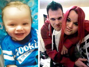 Ryker Daponte-Michaud, left, was just 20 months old when he died on May 21, 2014. Ryker’s mother, Amanda Dumont, 32, and her then-boyfriend Scott Bakker were found guilty of criminal negligence causing death and individual charges of failing to provide the necessaries of life on Thursday.