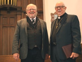 To the right is Reverend Ted Nelson, 83, and his son Reverend Dwight Nelson, 62. It’s believed this is the first time in the history of the First Presbyterian Church in Seaforth that a father and son have shared the pulpit.(Shaun Gregory/Huron Expositor)