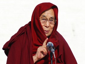 In this Saturday, Nov. 19, 2016, file photo, the Dalai Lama speaks at the Janraiseg temple of Gandantegchinlen monastery in Ulaanbaatar, Mongolia. Exiled Tibetan spiritual leader the Dalai Lama said Wednesday, Nov 23, 2016, he has "no worries" about Donald Trump's election as U.S. president and expects the businessman will align his policies with global realities. (AP Photo/ Ganbat Namjilsangarav, File)