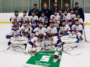 Back row, coaches, (from left) Jeff Dickson, Rob Mayo (head coach), Paul Doak (assistant coach), Chris Gowan, Ken Spicer.
Middle (from left) Quinn McFarlane, Duncan MacDonald, Dax Kenney, Briar Dickson, Ben Dowdell, Jack Griffiths, Brock Hamilton, Grady Spicer, Carter Boyce.
Front: (from left) Caelan Fraser, Garrett Cowan, Jordy Mayo, Liam Campbell, Justin Doak, Blake Gowan.
Goalies, (from left) Alex Beaupre, Graham Gee.