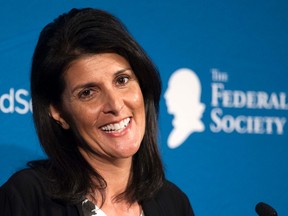 South Carolina Gov. Nikki Haley speaks at the Federalist Society's National Lawyers Convention, Friday, Nov. 18, 2016, in Washington. (AP Photo/Cliff Owen)