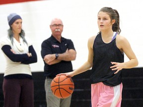 Northern Vikings co-captain Skyla Minaker practices with her teammates with coaches Kendel Ross and John Thrasher looking on inside the high school's gym on Tuesday November 22, 2016 in Sarnia, Ont. The Vikings open OFSAA Thursday in Toronto against the Glebe Gryphons. (Terry Bridge/Sarnia Observer)