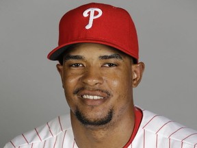 This is a 2016 file photo showing Cedric Hunter of the Philadelphia Phillies. Free agent outfielder Cedric Hunter, who appeared in 13 games for the Phillies this year, has been suspended for 50 games following a positive test for Amphetamine under baseball's minor league drug program. (AP Photo/Chris O'Meara, File)